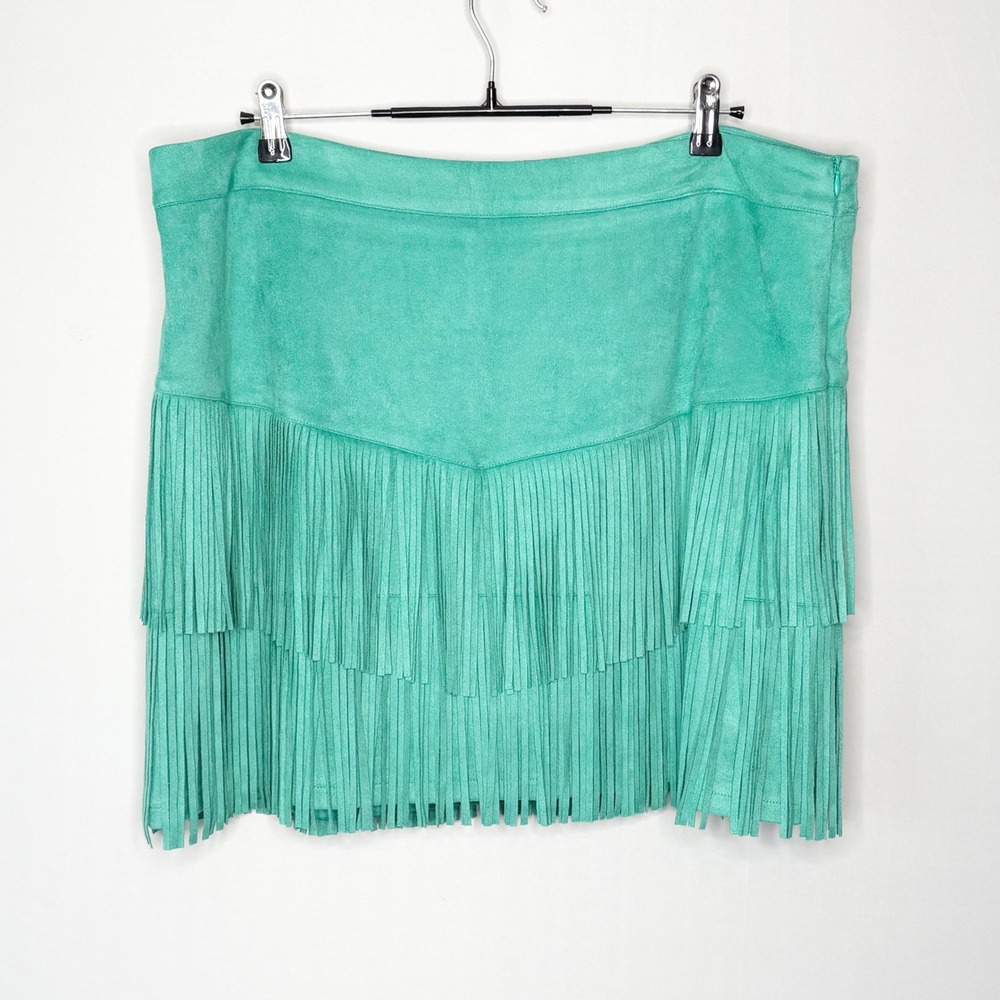 Sterling Kreek Teal Green Faux Suede Fringe Western Mini Skirt/Skort Womens XL